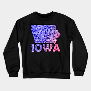 Colorful mandala art map of Iowa with text in blue and violet Crewneck Sweatshirt